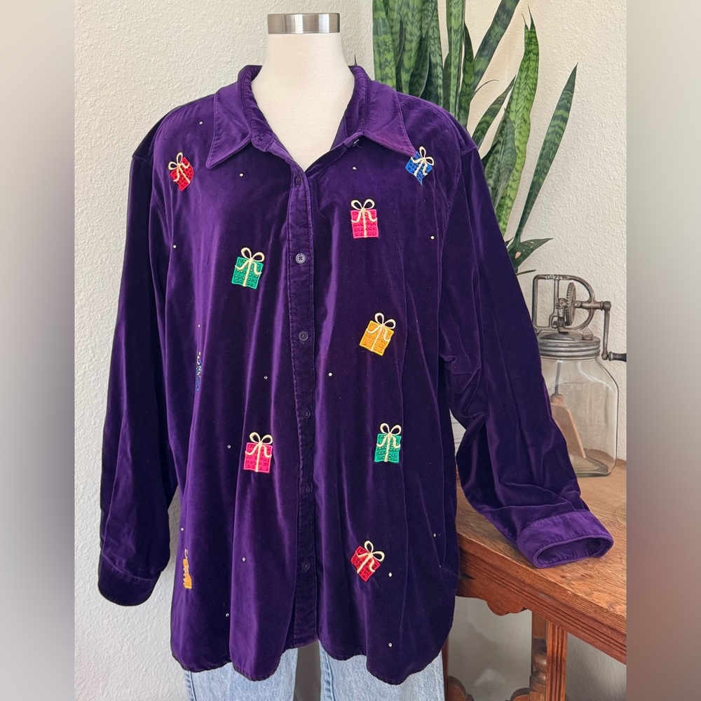 Vintage Velvet Holiday Blouse Jacket Christmas Gift Top beaded 3X - Picture 10 of 10